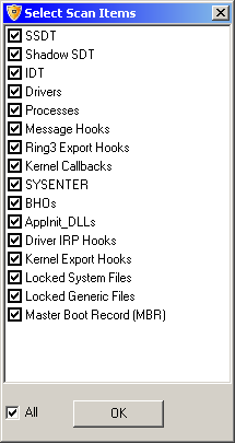 Anti-Rootkit select scan items